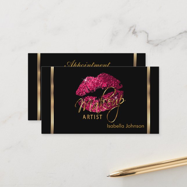 Makeup Artist Hot Pink Glitter Lips Appointment Card (Front/Back In Situ)