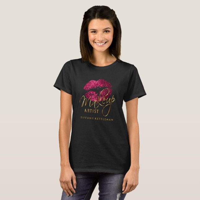Makeup Artist Hot Pink Glitter Lips T-Shirt (Front Full)