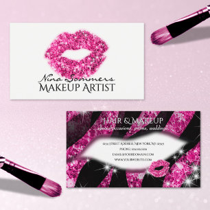 Makeup Artist Hot Pink Glitter Lips Zebra Print Business Card