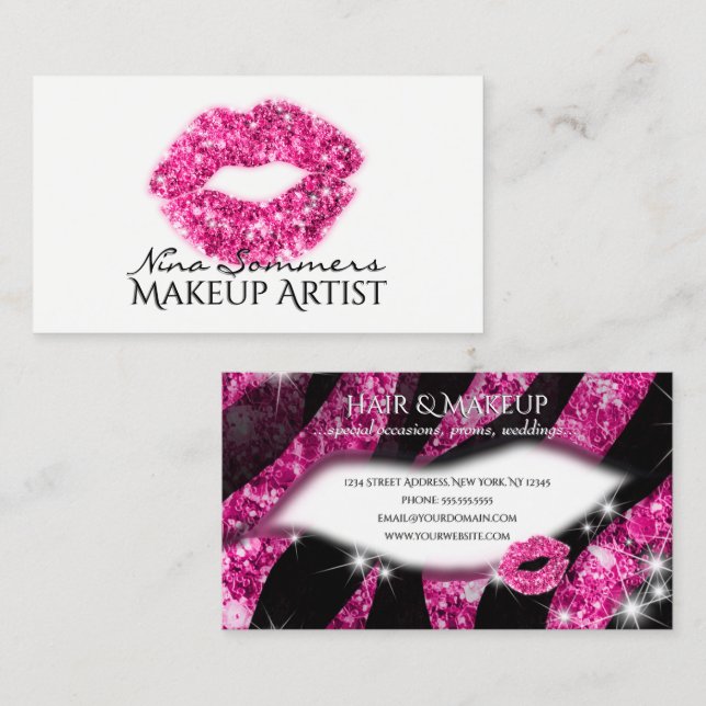 Makeup Artist Hot Pink Glitter Lips Zebra Print Business Card (Front/Back)