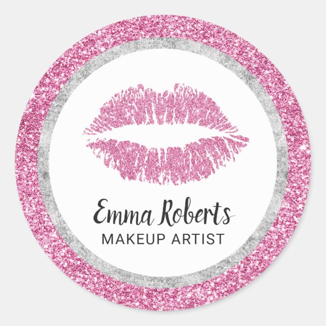 Makeup Artist Hot Pink Lips Modern Faux Glitter Classic Round Sticker (Front)