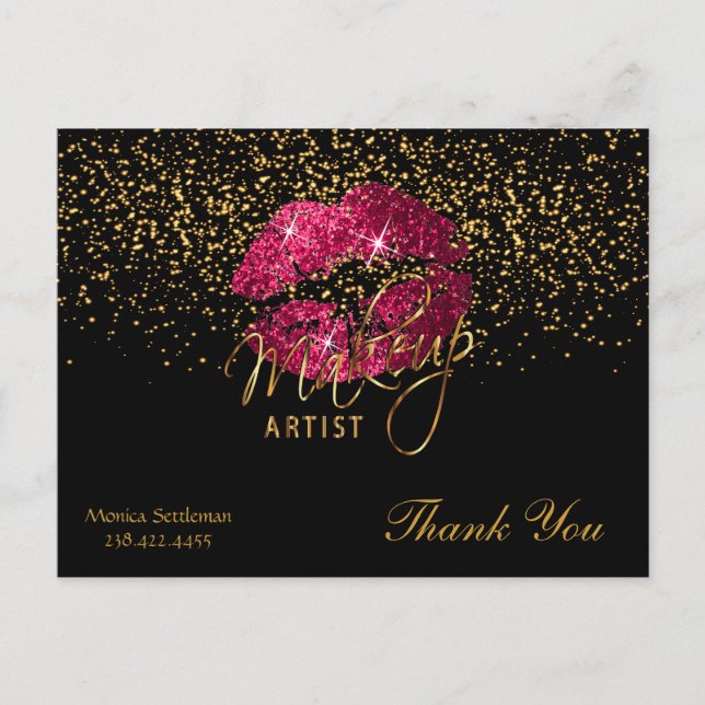 Makeup Artist  Hot Pink Lips on Black Postcard (Front)