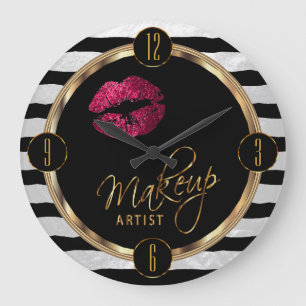 Makeup Artist Hot Pink Lips with White Stripes Large Clock