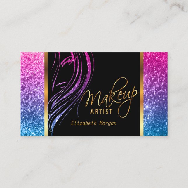 Makeup Artist in A Girly Colourful Glitter Business Card (Front)