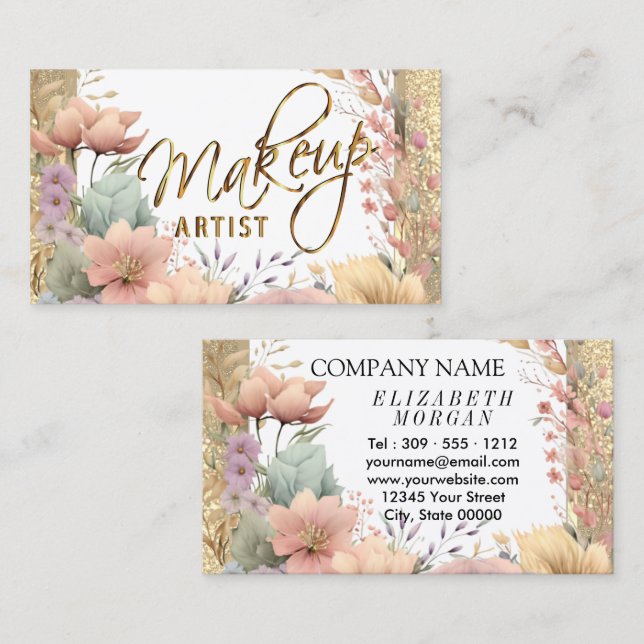 Makeup Artist in Floral and Gold Glitter Business Card (Front/Back)