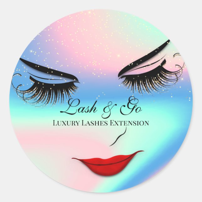 Makeup Artist Lash Extension Lips Blue Holograph Classic Round Sticker (Front)