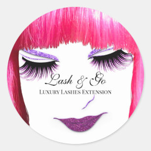 Makeup Artist Lash Extension Pink Lips Bangs Hair Classic Round Sticker