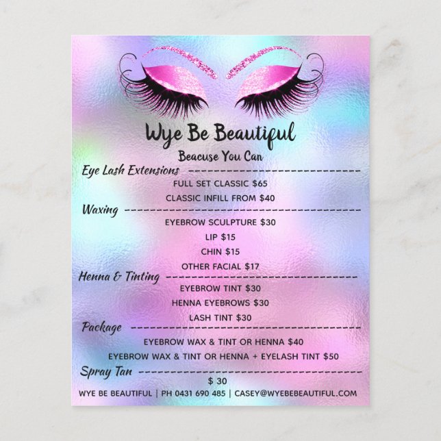 Makeup Artist Lash Glitter Price List Blue Glass Flyer (Back)