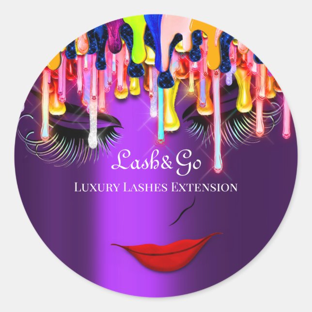 Makeup Artist Lash Product Drips Rainbow Violet Classic Round Sticker (Front)