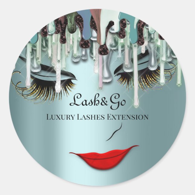 Makeup Artist Lash Product Drips Red Lips Teal  Classic Round Sticker (Front)