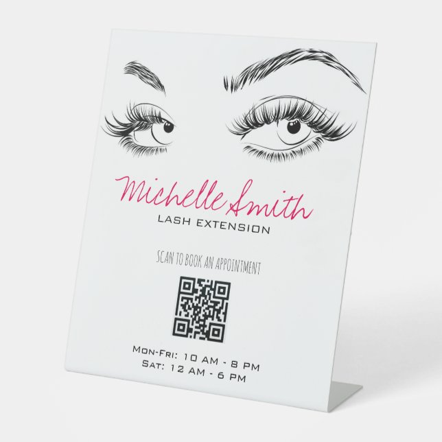 Makeup Artist Lashes Brows Black White QR Code Pedestal Sign (Front)