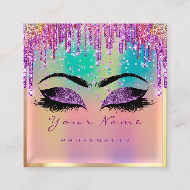 Makeup Artist Lashes Holograph Pink Purple Unicorn Square Business Card (Front)