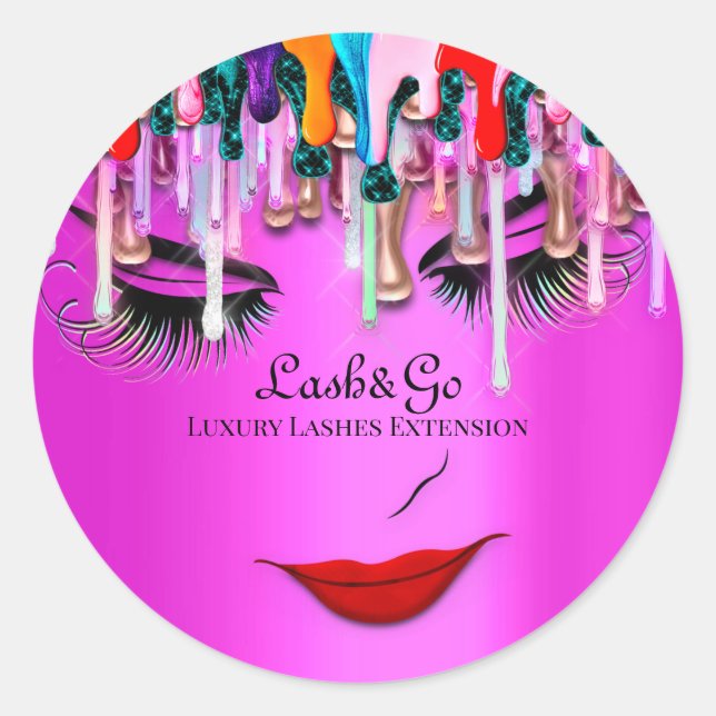 Makeup Artist Lashes Product Drips Holograph Pink Classic Round Sticker (Front)
