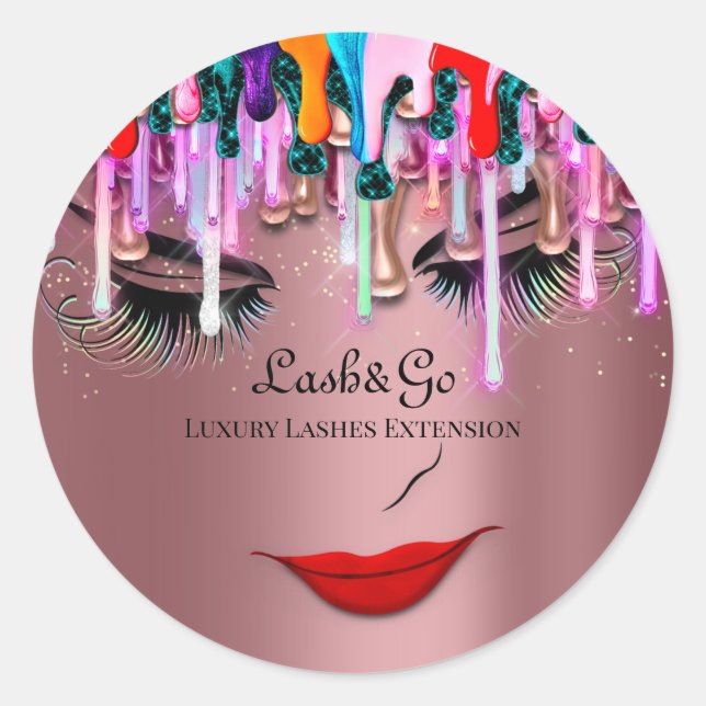 Makeup Artist Lashes Product Drips Rose Glitter  Classic Round Sticker (Front)