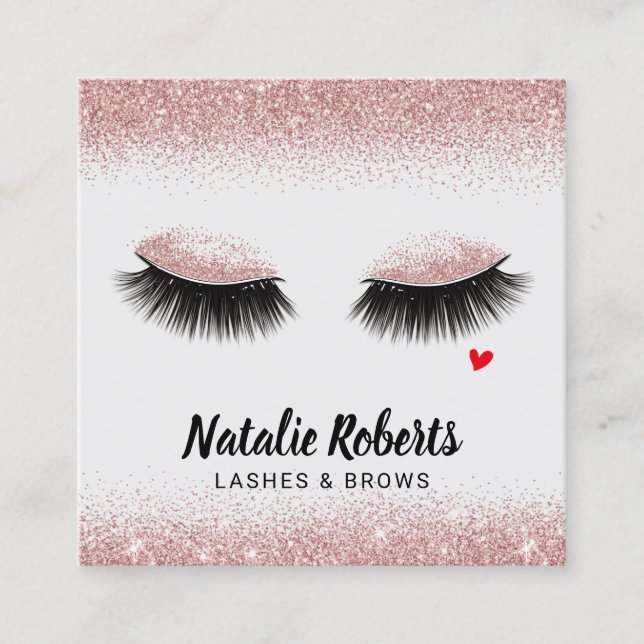 Makeup Artist Lashes Rose Gold Glitter Salon Square Business Card (Front)