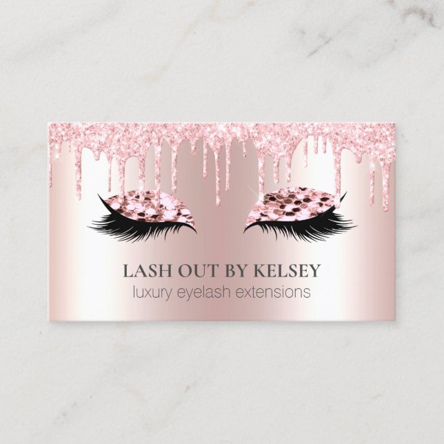 Makeup Artist Lashes Rose Quartz Pink Glitter Drip Business Card (Front)
