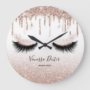 Makeup Artist Lashes Spark Drips Rose Gold Large Clock