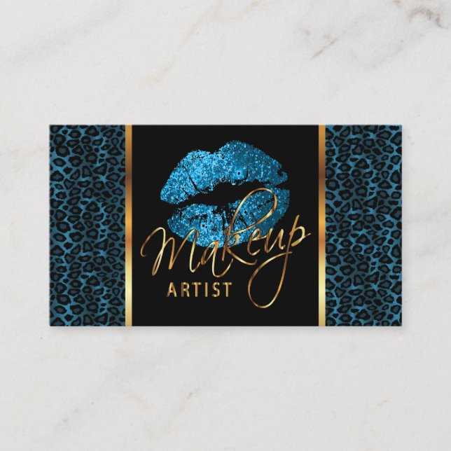 Makeup Artist - Leopard & Turquoise Lips Business Card (Front)