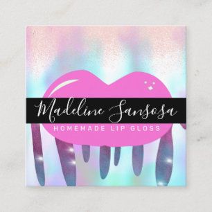 Makeup Artist Lip Gloss Glitter Dripping Hologram Square Business Card