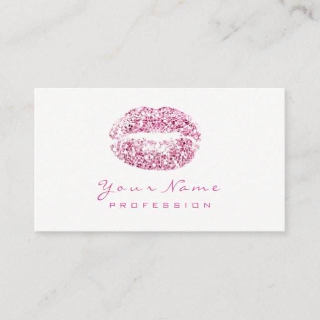 Makeup Artist Lips Beauty Glitter Pink Rose White Business Card (Front)