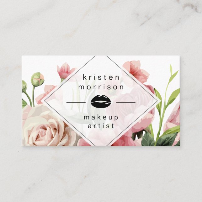Makeup Artist Lips Modern Minimal Elegant Floral Business Card (Front)