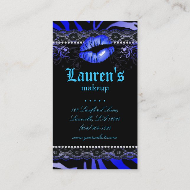 Makeup Artist Lips N Lace Blue Zebra Modern Business Card (Front)