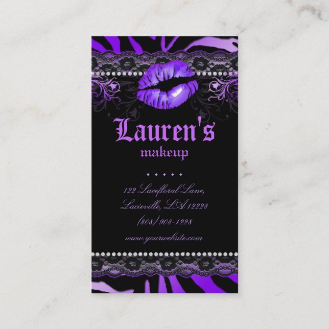 Makeup Artist Lips N Lace Purple Zebra Modern Business Card (Front)