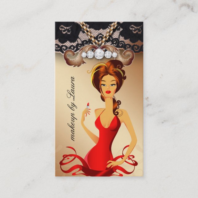 Makeup Artist Lips N Lipstick Jewellery Gold Lace Business Card (Front)