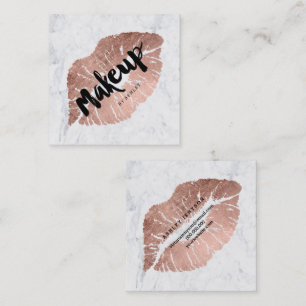 Makeup artist lips rose gold typography marble 2 square business card