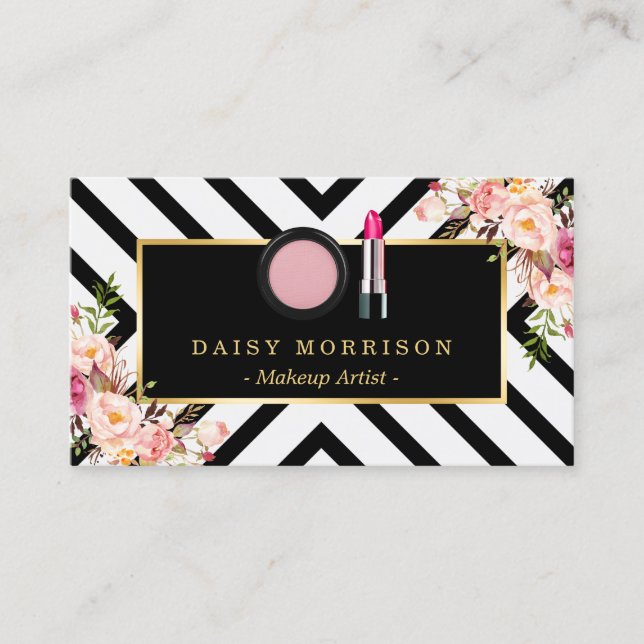 Makeup Artist Lipstick Cosmetics Floral Stripes Business Card (Front)