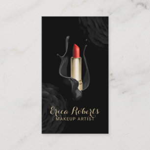 Makeup Artist Modern Black Floral Red Lipstick Business Card