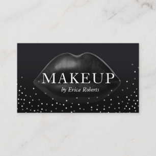 Makeup Artist Modern Black Lips Silver Confetti Business Card