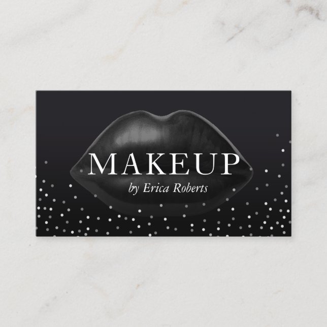 Makeup Artist Modern Black Lips Silver Confetti Business Card (Front)
