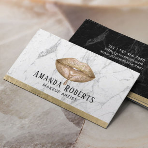 Makeup Artist Modern Gold Drip Lips White Marble Business Card