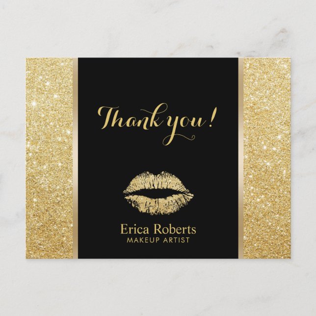 Makeup Artist Modern Gold Glitter Lips Thank You Postcard (Front)