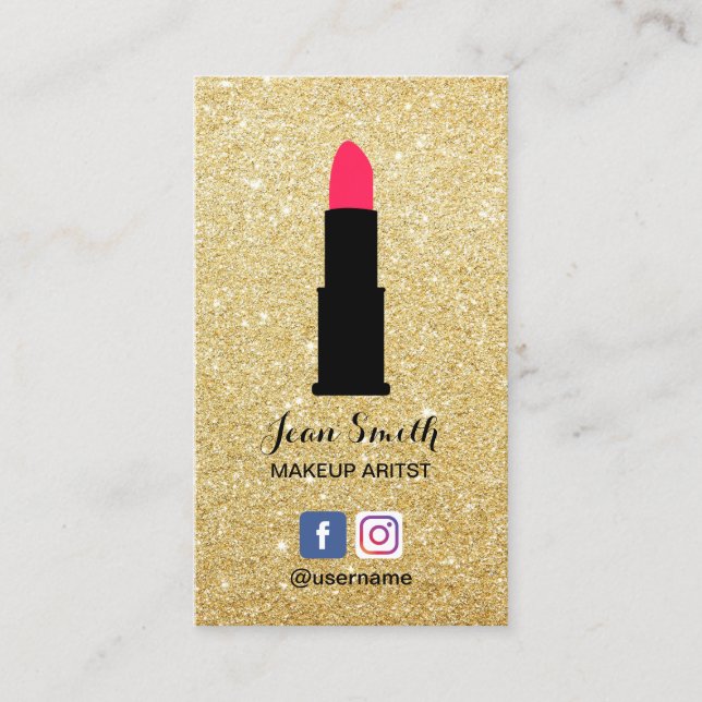 Makeup Artist Modern Gold Glitter Social Media Business Card (Front)