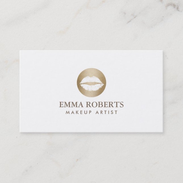 Makeup Artist Modern Gold Kiss Logo Simple Business Card (Front)