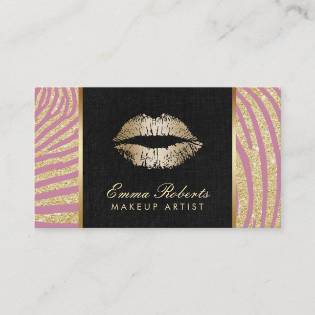 Makeup Artist Modern Gold & Pink Zebra Stripes Business Card (Front)