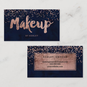 Makeup artist modern rose gold confetti navy blue business card