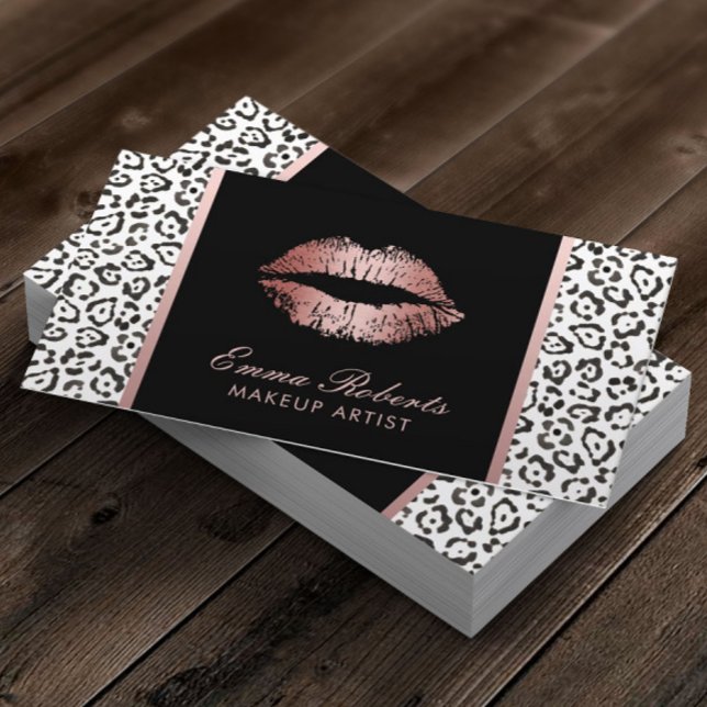 Makeup Artist Modern Rose Gold Lips Leopard Business Card (Creator Uploaded)