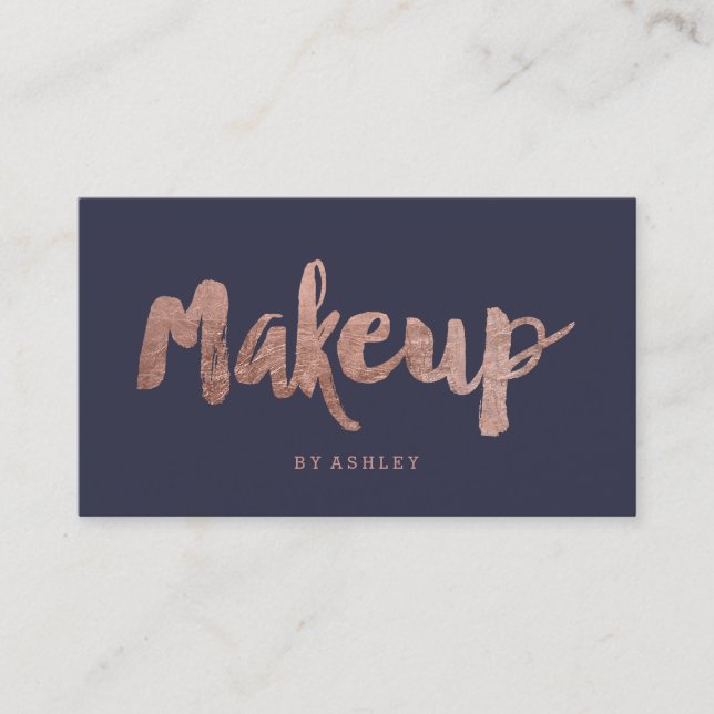Makeup artist modern rose gold typography blue business card (Front)