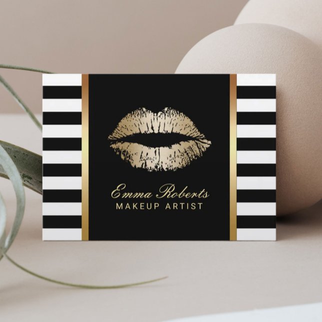 Makeup Artist Modern Stripes Gold Lips Chubby Business Card (Creator Uploaded)