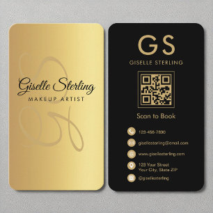 Makeup Artist Monogram Gold Black QR Code Business Card