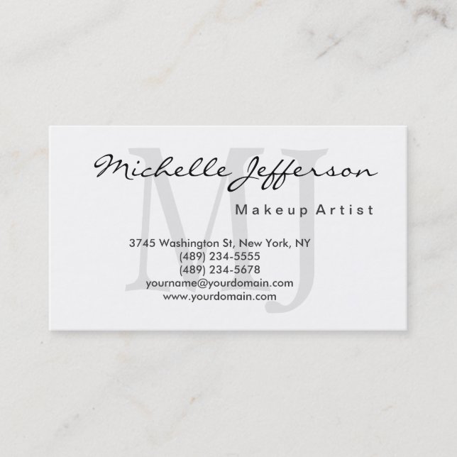Makeup Artist Monogram Script White Business Card (Front)
