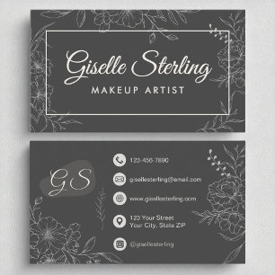 Makeup Artist Moody Charcoal Grey Floral Modern Business Card