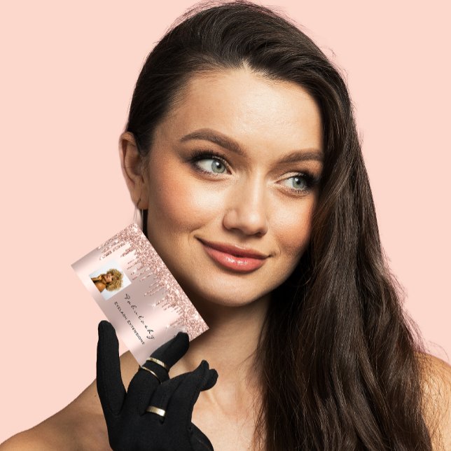 Makeup Artist MUA Lashes Glitter Drips Rose Photo Business Card (Creator Uploaded)