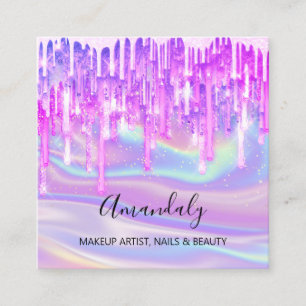 Makeup Artist Nail Logo Pink Glitter Holograph Blu Square Business Card
