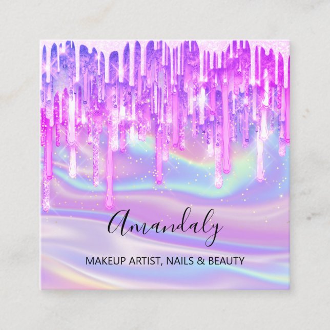 Makeup Artist Nail Logo Pink Glitter Holograph Blu Square Business Card (Front)
