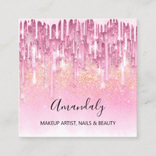 Makeup Artist Nail Logo Rose Glitter Confetti Pink Square Business Card