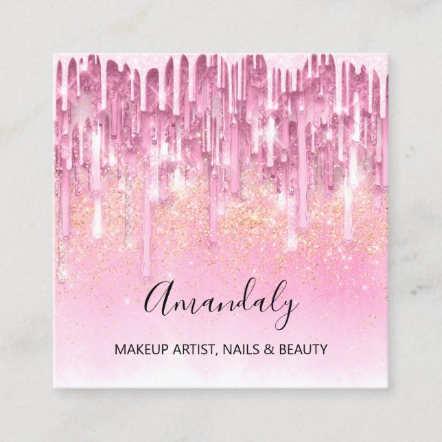 Makeup Artist Nail Logo Rose Glitter Confetti Pink Square Business Card (Front)